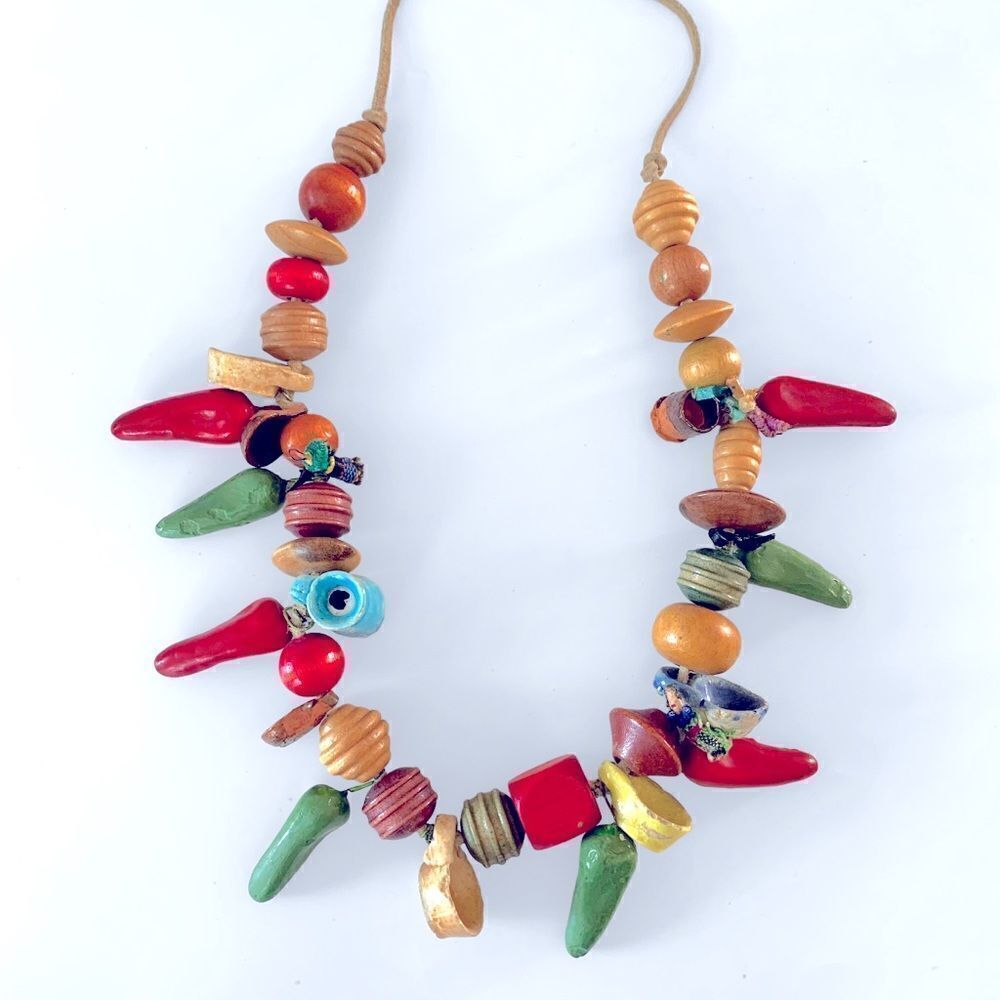 Vintage Mexican Folk Art Clay Wood Necklace